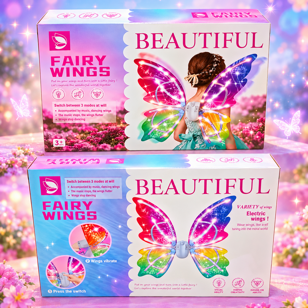 Beautiful Fairy Wings product banner with original front and back packaging showing illuminated rainbow butterfly fairy wings