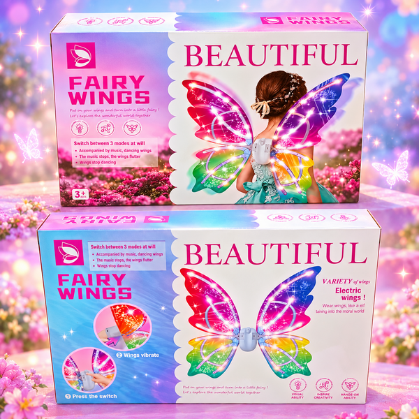 Beautiful Fairy Wings product banner with original front and back packaging showing illuminated rainbow butterfly fairy wings