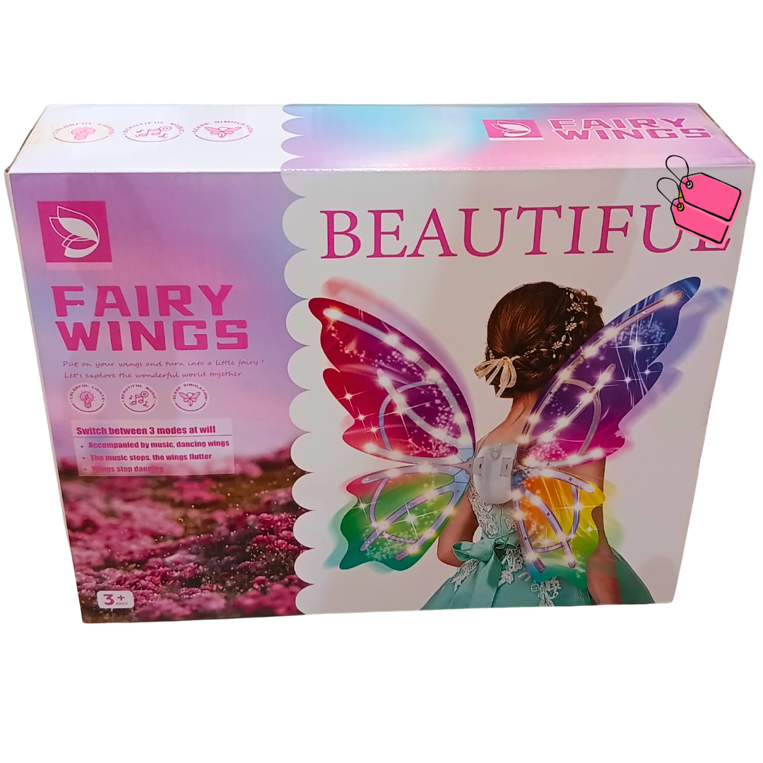 Original Beautiful Fairy Wings front packaging with electric pink purple and rainbow butterfly wing costume and three operating modes