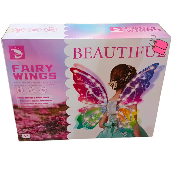 Original Beautiful Fairy Wings front packaging with electric pink purple and rainbow butterfly wing costume and three operating modes