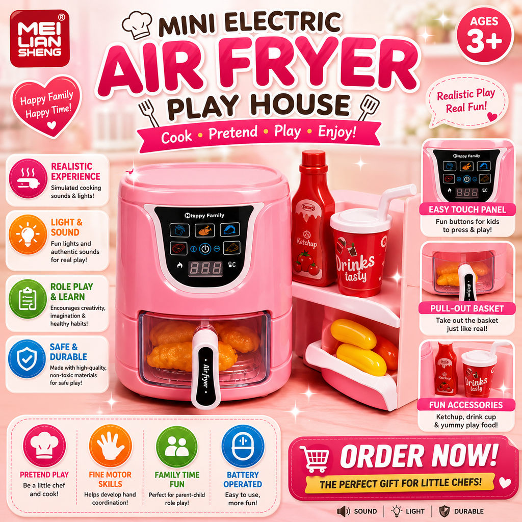 Kids Air Fryer Kitchen Play Set – Mini Electric Appliance Cooking Toy with Pretend Food Accessories | Interactive Kitchen Role Play Toy for Girls & Boys (3+ Years)