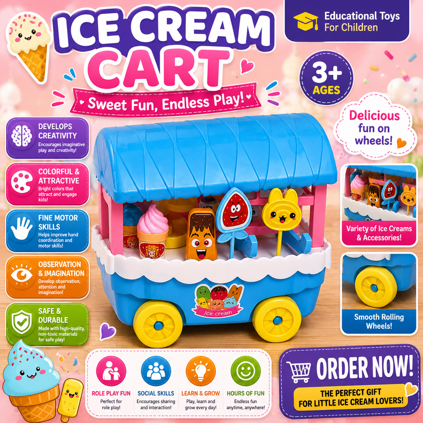 Kids Ice Cream Cart Play Set – Pretend Ice Cream Shop Toy with Dessert Accessories | Educational Role Play Cart for Boys & Girls (3+ Years) Main image
