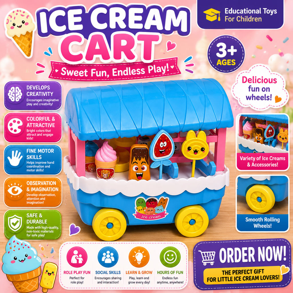 Kids Ice Cream Cart Play Set – Pretend Ice Cream Shop Toy with Dessert Accessories | Educational Role Play Cart for Boys & Girls (3+ Years)