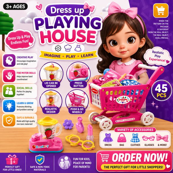 Kids Dress Up Playing House Shopping Cart Set – Pretend Beauty & Grocery Role Play Toy for Girls | Interactive Playhouse Toy Set (3+ Years)