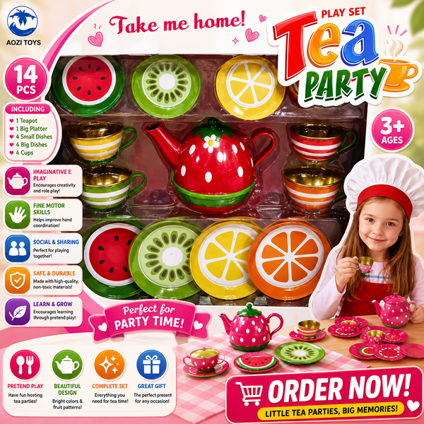 Kids Tea Party Play Set – 14 Pieces Pretend Tea Set with Strawberry Teapot, Cups & Fruit Plates | Educational Role Play Toy for Girls (3+ Years)