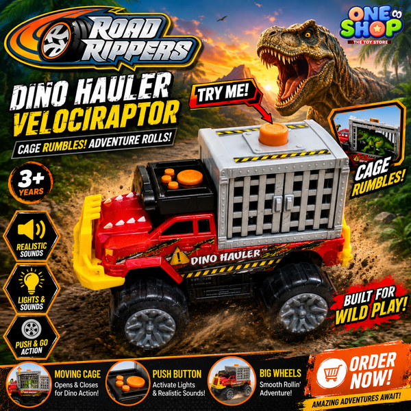 Road Rippers Dino Hauler Truck Toy for Kids – Dinosaur Transport Vehicle with Lights & Sounds | Monster Dino Cage Truck for Boys (3+ Years)
