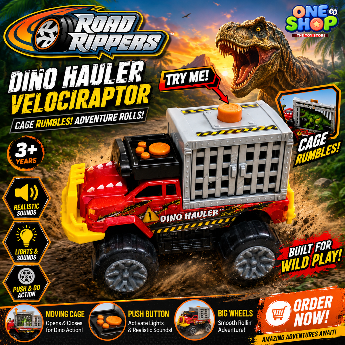 Road Rippers Dino Hauler Truck Toy for Kids – Dinosaur Transport Vehicle with Lights & Sounds | Monster Dino Cage Truck for Boys (3+ Years)
