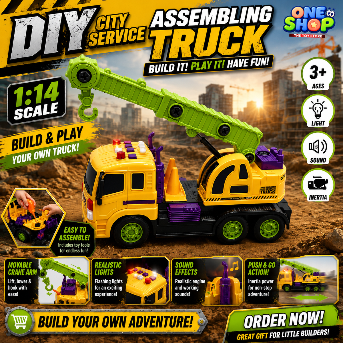 DIY Assembling Crane Truck Toy for Kids – Construction Service Truck with Lights, Sounds & Tool Set | Engineering Vehicle Toy for Boys (Ages 3+)