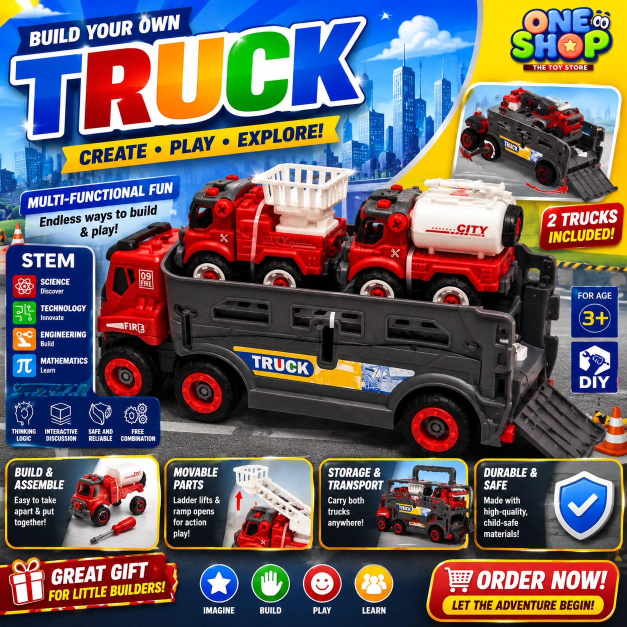 STEM DIY Build Your Own Truck Toy Set for Kids – Multi-Function Transport Truck with Mini Fire & City Service Vehicles | Educational Engineering Toy (3+ Years)