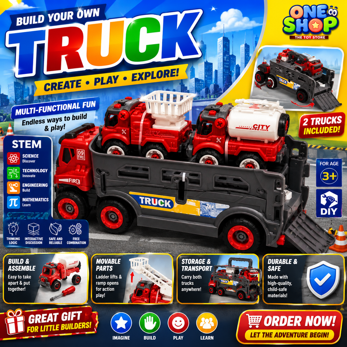 STEM DIY Build Your Own Truck Toy Set for Kids – Multi-Function Transport Truck with Mini Fire & City Service Vehicles | Educational Engineering Toy (3+ Years)