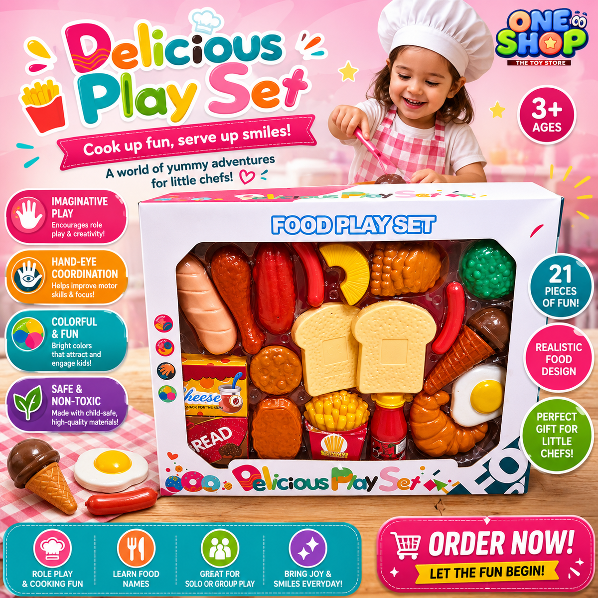 Delicious Food Play Set for Kids – 21 Pieces Pretend Kitchen & Cooking Toy Set | Educational Role Play Food Toys for Boys & Girls (3+ Years)