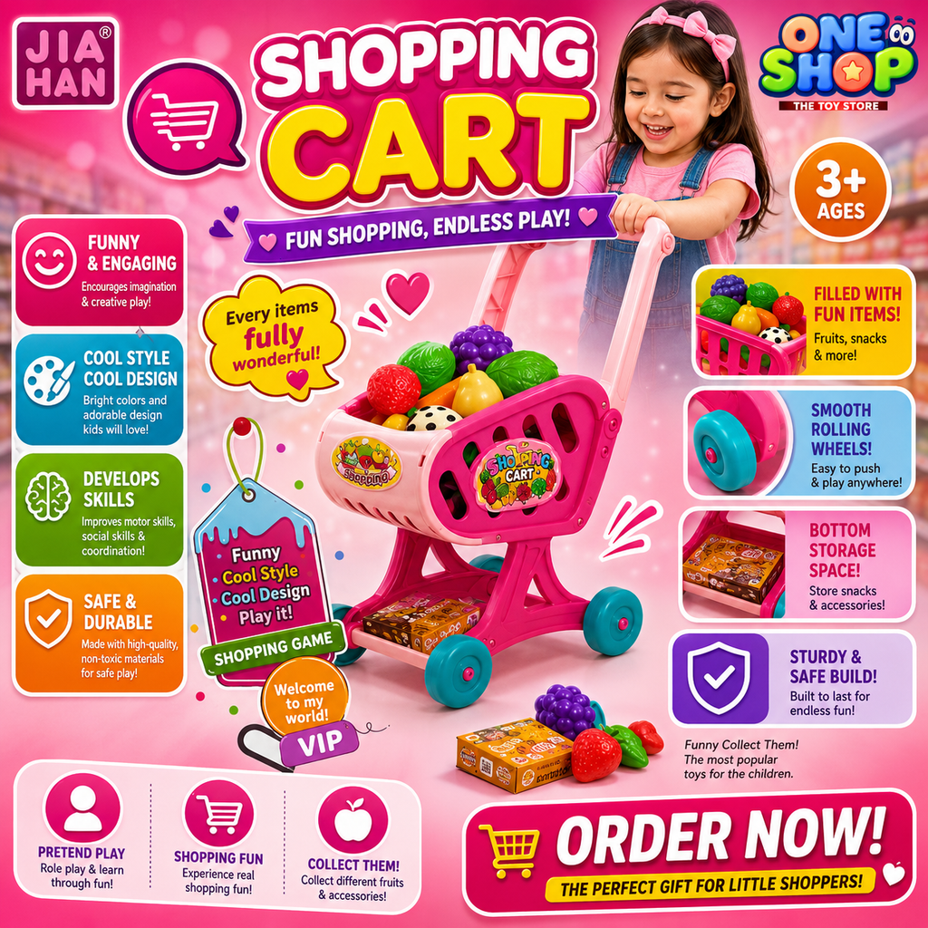 Kids Shopping Cart Toy Set with Pretend Fruits & Grocery Accessories – Mini Supermarket Trolley Role Play Toy for Boys & Girls