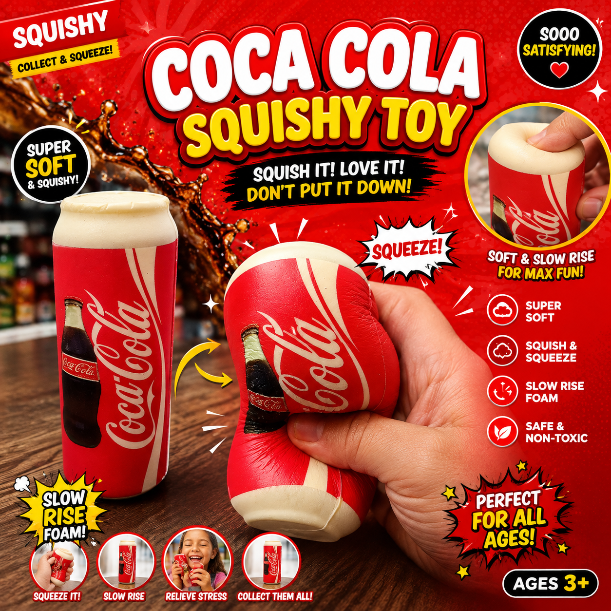 Coca Cola Can Squishy Toy for Kids – Soft Slow Rising Foam Squeeze Stress Relief Fidget & Sensory Toy, Ages 3+