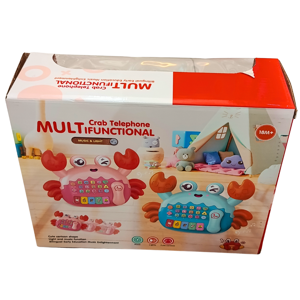 Crab telephone toy packaging with features and colour illustrations