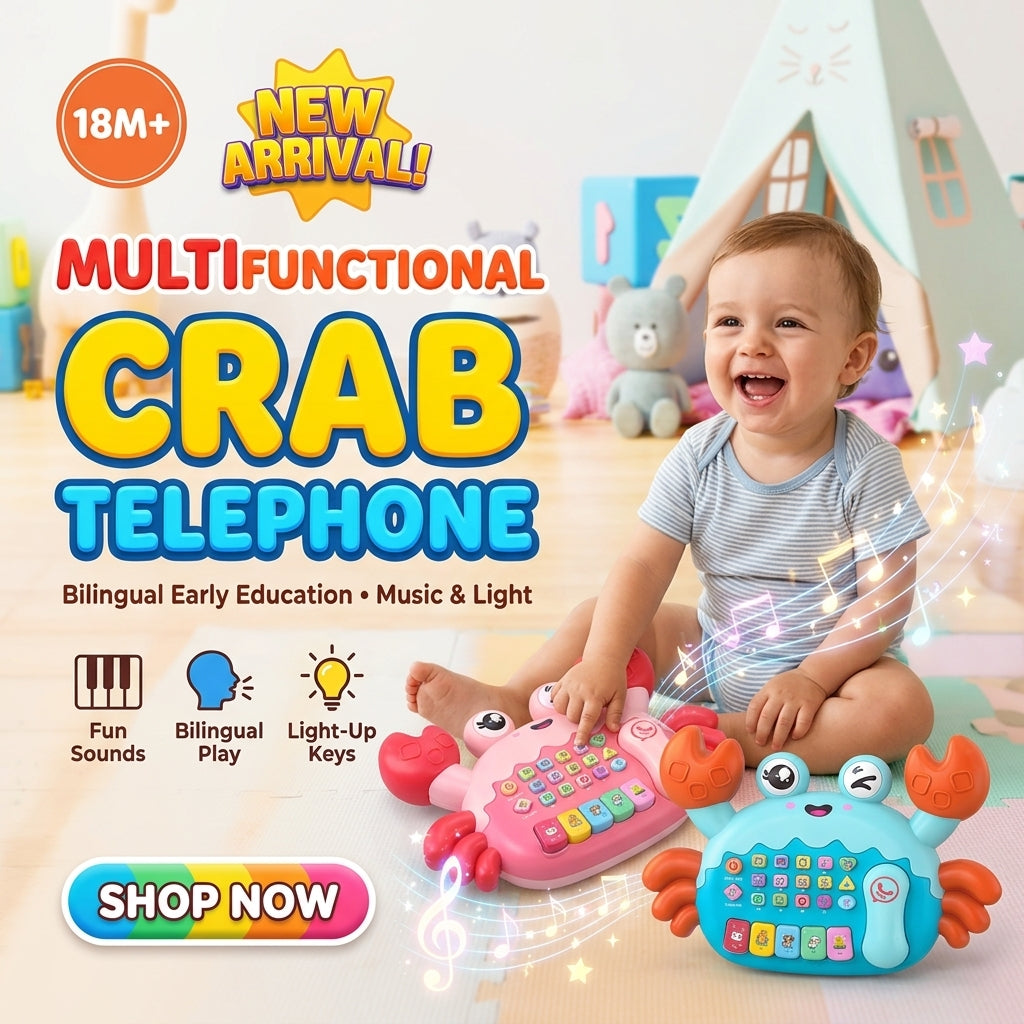 Multifunctional crab telephone toy promotional banner showing pink and blue examples