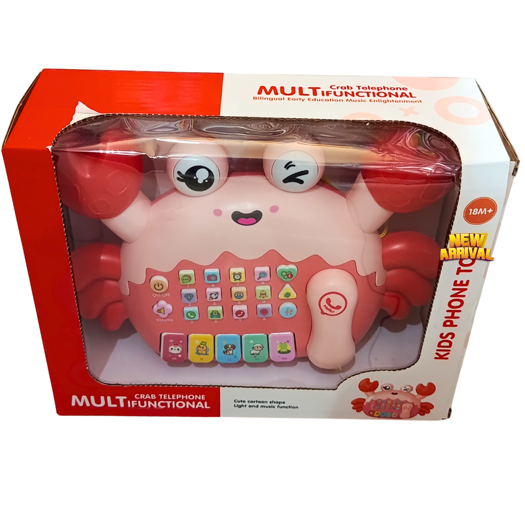 Pink crab telephone learning toy in its original box