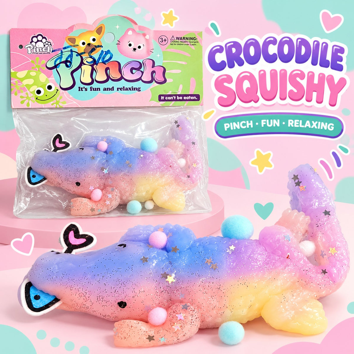 Pastel rainbow glitter crocodile squishy toy with soft squeeze texture and star decorations