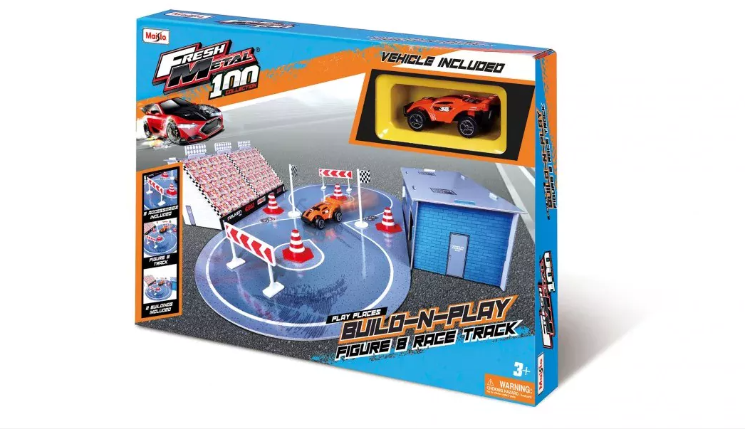 Maisto Built-N-Play Race Track Set: Cardboard Buildings, Accessories And 1 Fresh Metal Toy Car 512528