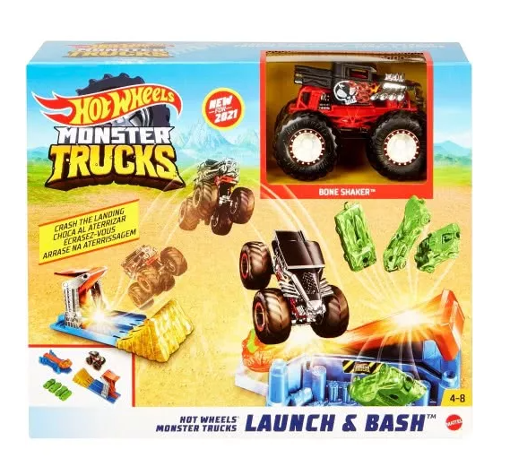 Hot Wheels Monster Trucks Launch Anbash Play Set With 4 Crushed Cars