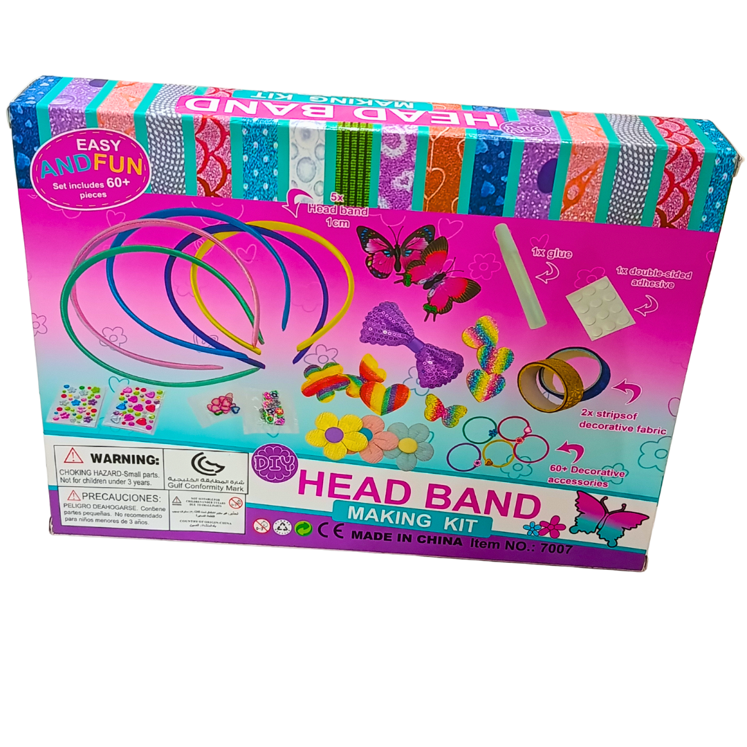 DIY Head Band Making Kit back packaging – headbands, decorative fabric, glue and accessories