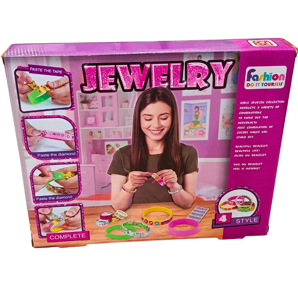 Back of DIY Jewellery bracelet kit box showing steps to apply patterned tape and gem-style stickers