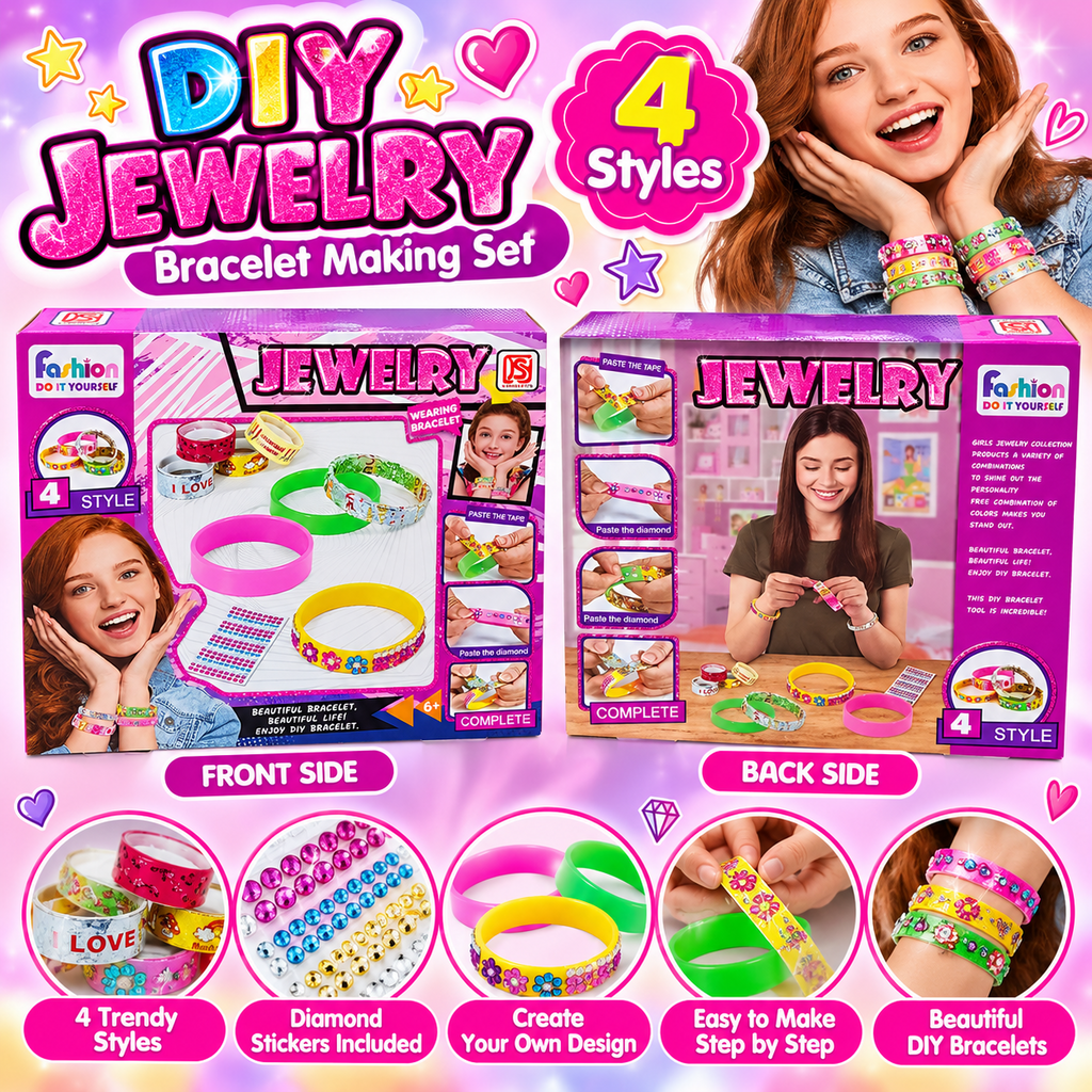 DIY Jewellery bracelet decorating kit product banner with front and back packaging images