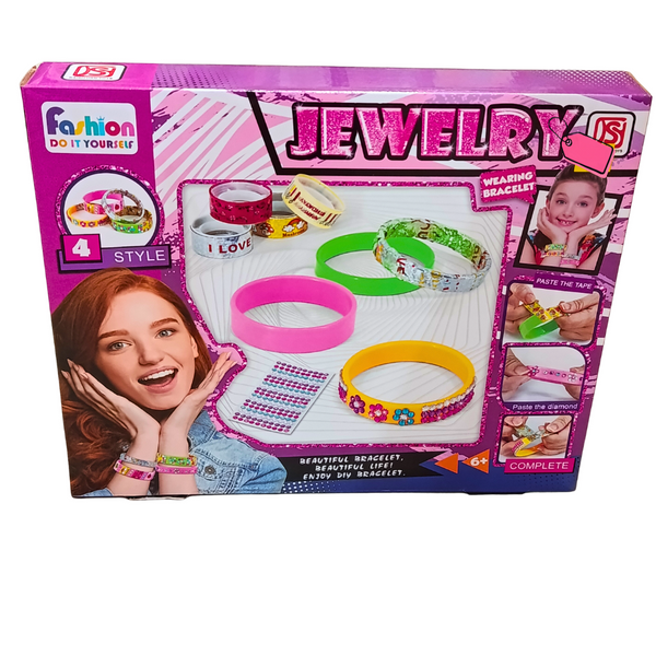 Front of Fashion DIY Jewellery bracelet decorating set box with four bracelet styles and colorful bands