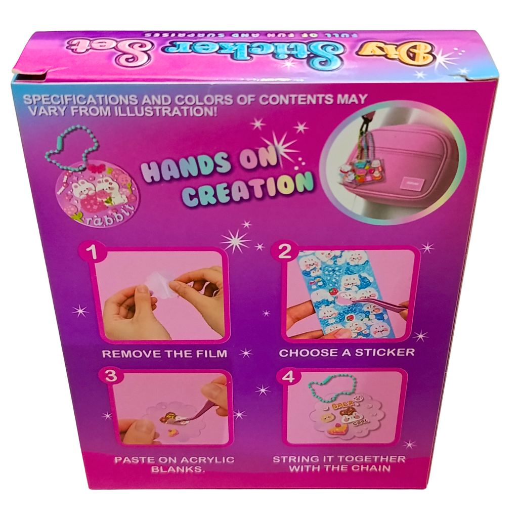 DIY Sticker Set back box with four steps for sticker application on acrylic blanks and attaching chain