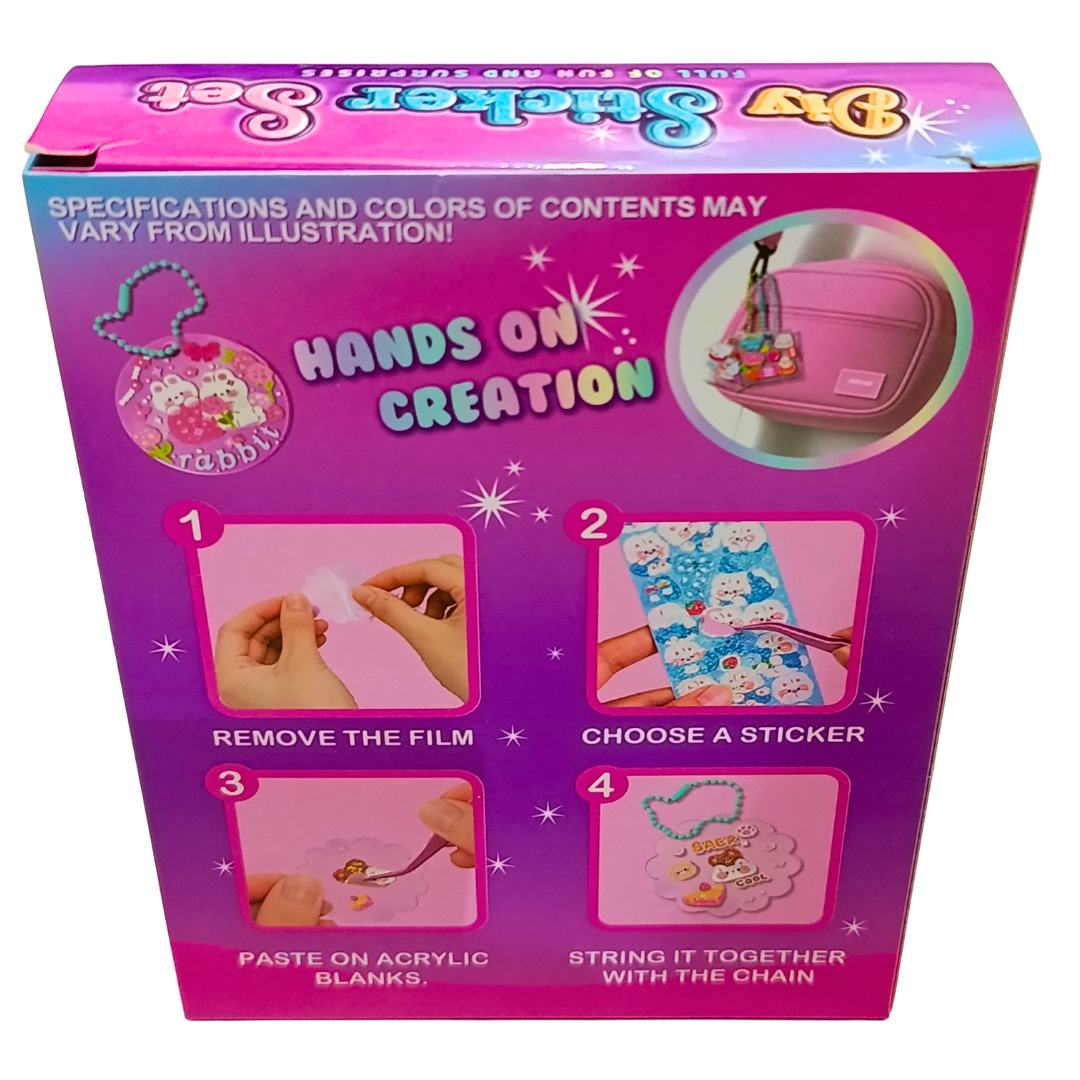 DIY Sticker Set back box with four steps for sticker application on acrylic blanks and attaching chain
