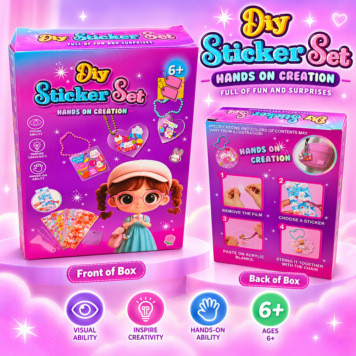 DIY Sticker Set acrylic charm making kit promotional banner with original front and back box photos