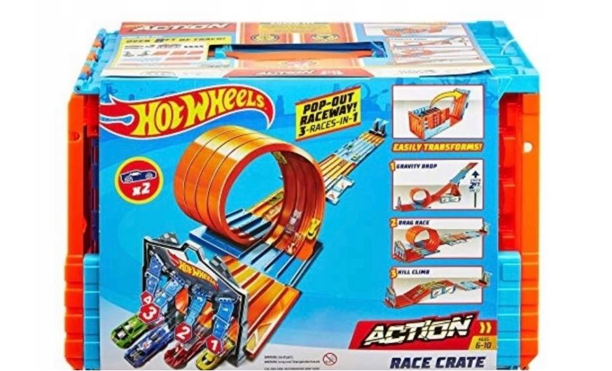 Hot Wheels Toy Car Track Set, Race Crate Transforms Into 3 Builds, Includes Storage & 2 Cars in 1:64 Scale