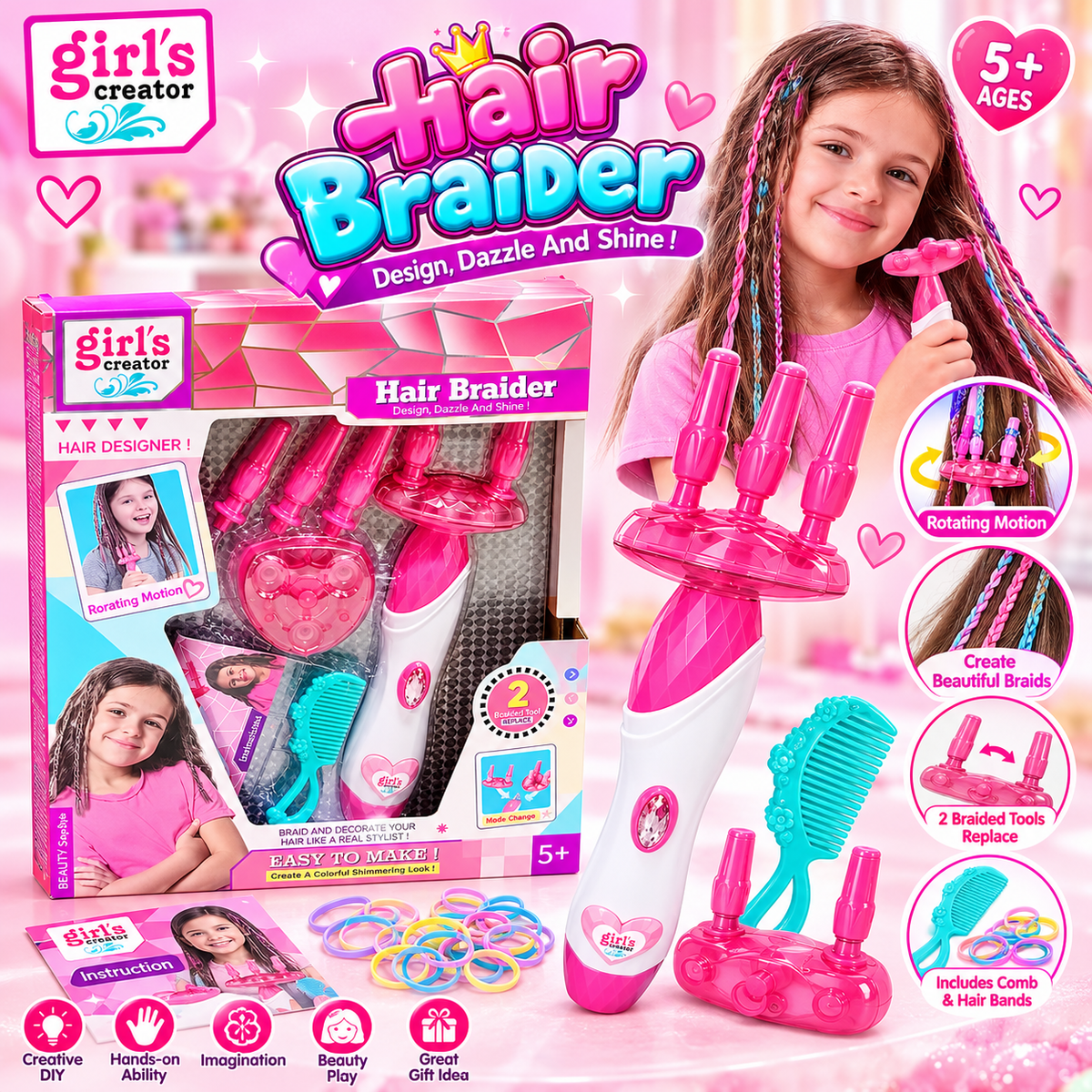 Girls Creator Hair Braider Kit with Rotating Motion, 2 Tools & Comb – Model