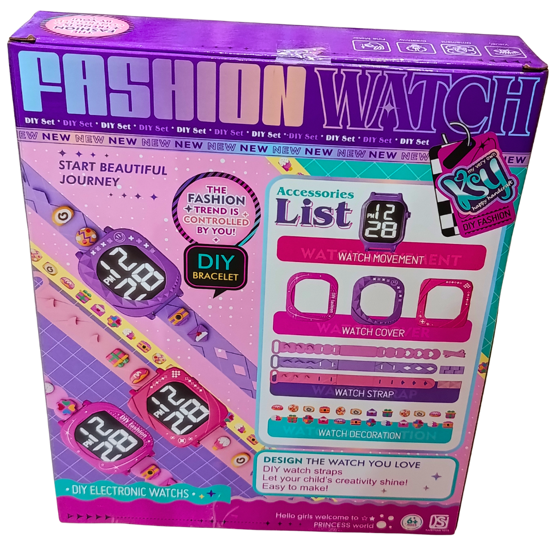 Back packaging of Fashion Watch DIY kit with electronic watch movement, straps, covers and accessories