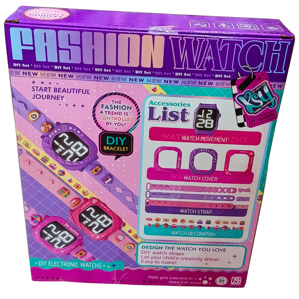 Back packaging of Fashion Watch DIY kit with electronic watch movement, straps, covers and accessories