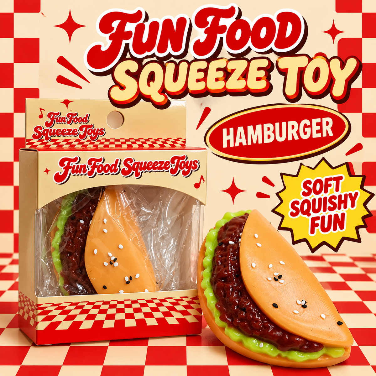 Fun Food Hamburger Squishy Toy in branded box