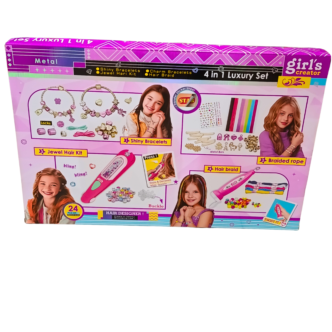 Girl's Creator 4 in 1 Luxury Set original back packaging with jewellery and hair craft activities