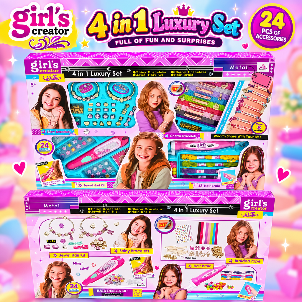 Girl's Creator 4-in-1 Luxury DIY Jewellery and Hair Craft Set, promotional banner showing both box sides and all four activities