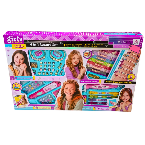 Girl's Creator 4 in 1 Luxury Set original front box: shiny bracelets, charm bracelets, jewel hair kit and hair braid