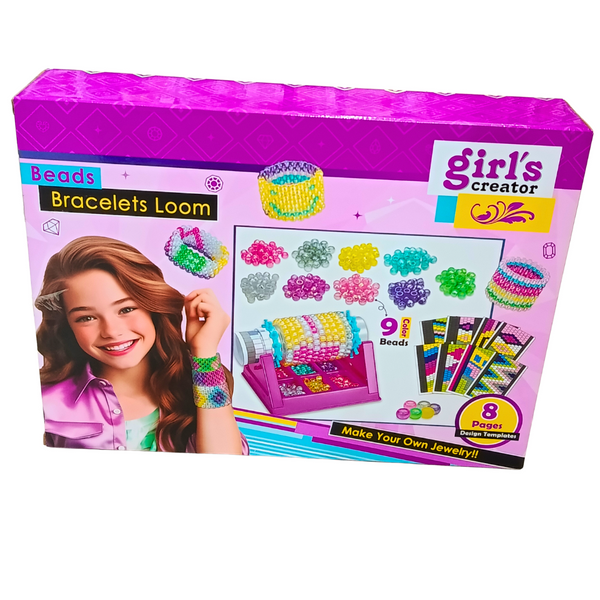 Girl's Creator Beads Bracelet Loom kit back packaging showing bead patterns, loom and eight-page templates