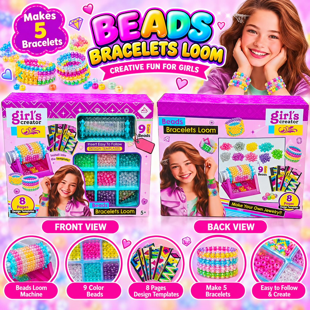 Girl's Creator beads bracelet loom promotional image with both original box views