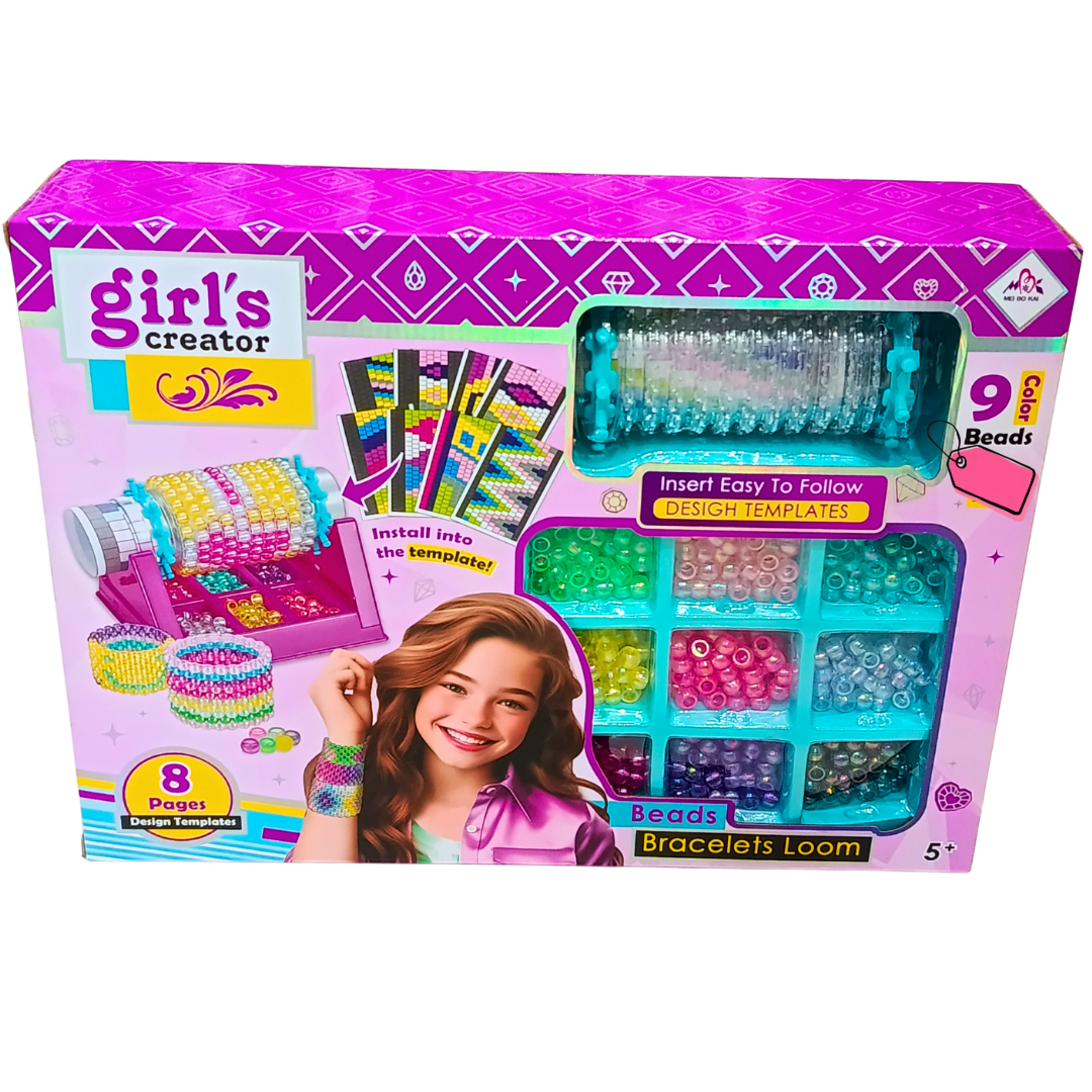 Girl's Creator DIY Beads Bracelets Loom kit front packaging with nine bead colours, loom and design templates