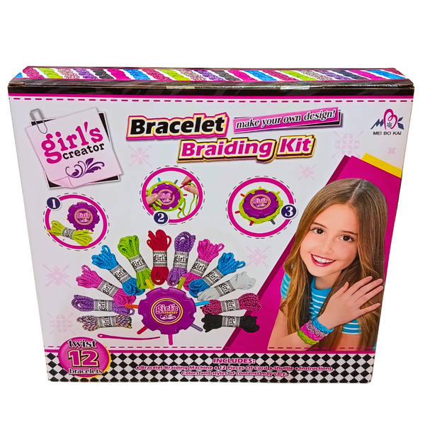 Back of Girl's Creator Bracelet Braiding Kit box with included machine, 12 cords, shuttle and instructions
