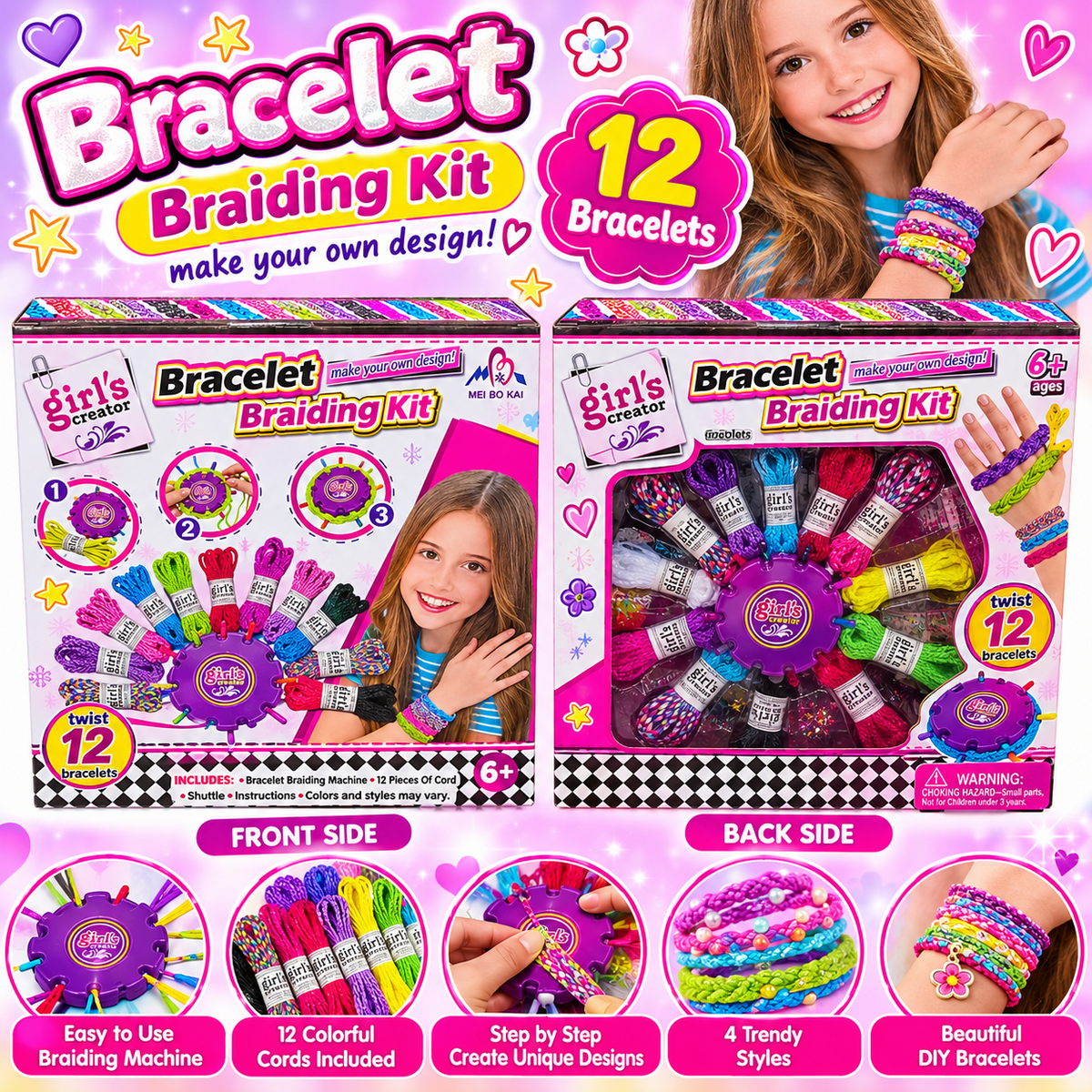 Girl's Creator Bracelet Braiding Kit product banner with front and back packaging and bracelet illustrations