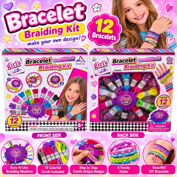 Girl's Creator Bracelet Braiding Kit product banner with front and back packaging and bracelet illustrations
