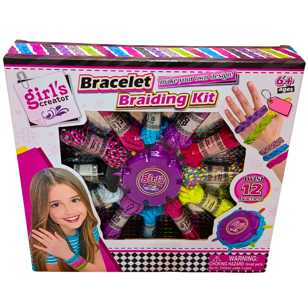 Front of Girl's Creator DIY Bracelet Braiding Kit box showing braiding machine, 12 colour cords and ages 6+