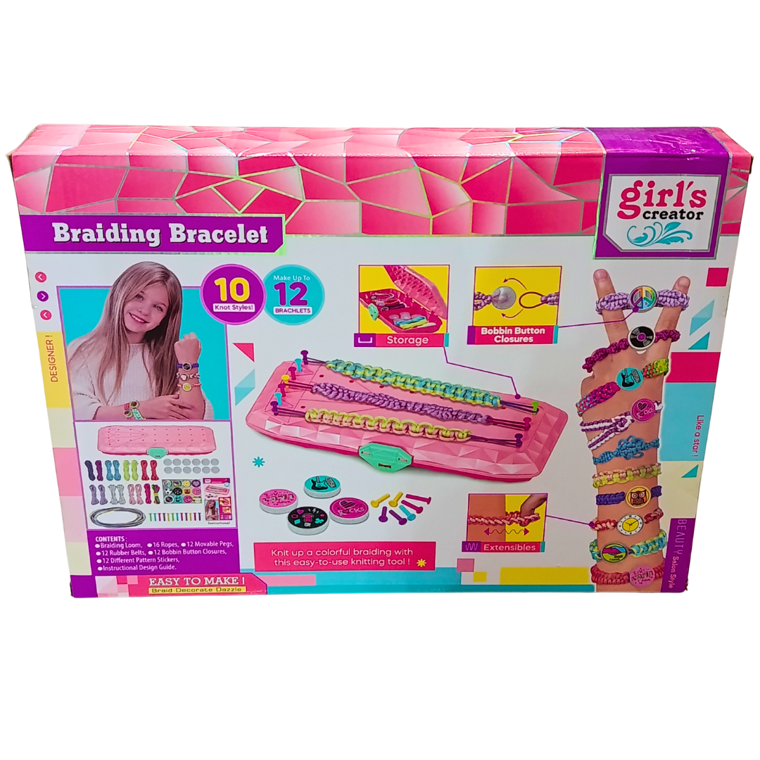 Back of Girl's Creator Braiding Bracelet kit showing included pieces and bracelet designs