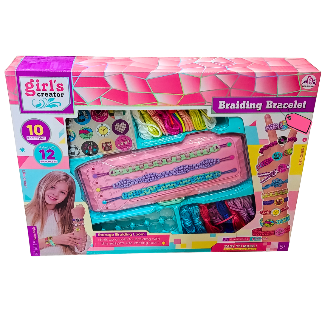 Girl's Creator braiding bracelet craft kit front box with storage loom, colourful cords, 10 knot styles