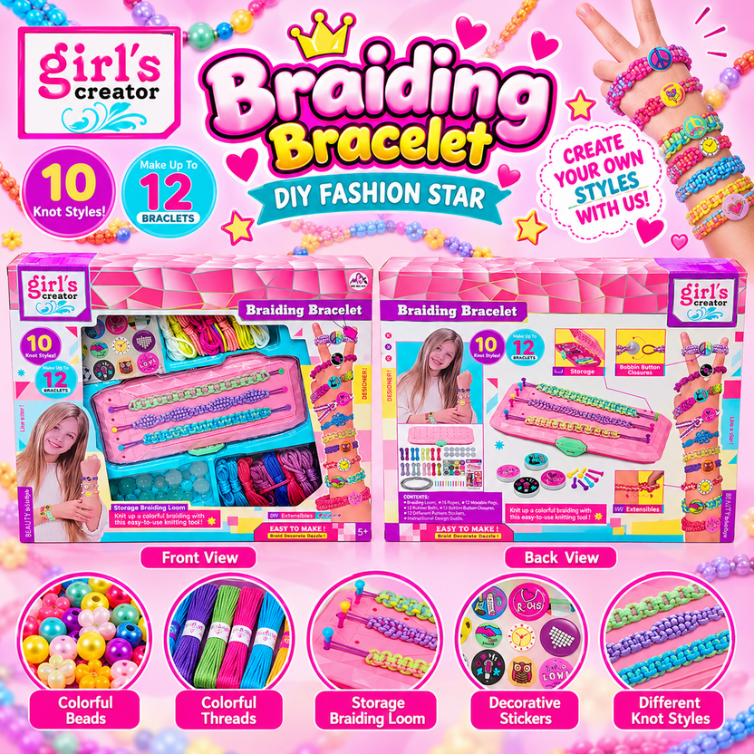 Promotional collage of Girl's Creator bracelet kit with front and back packaging and bracelet design examples Main image