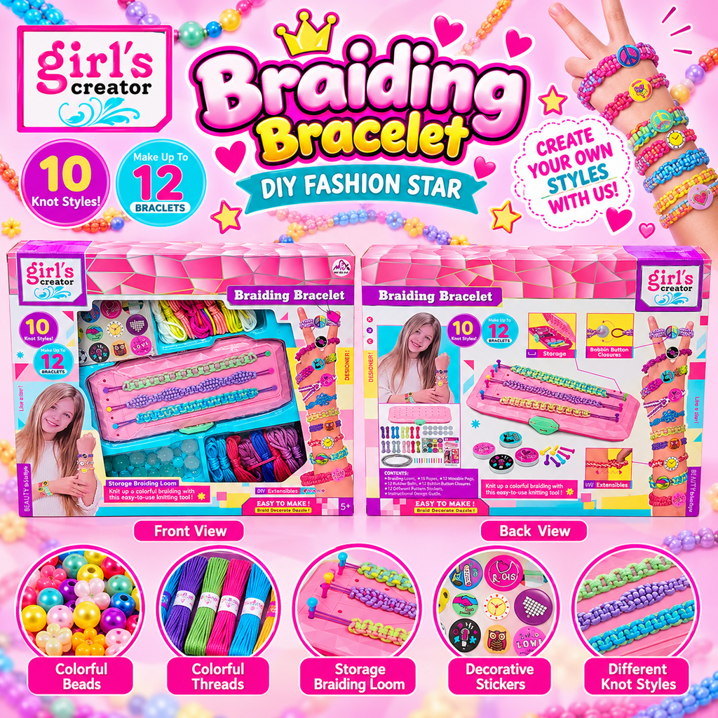 Promotional collage of Girl's Creator bracelet kit with front and back packaging and bracelet design examples