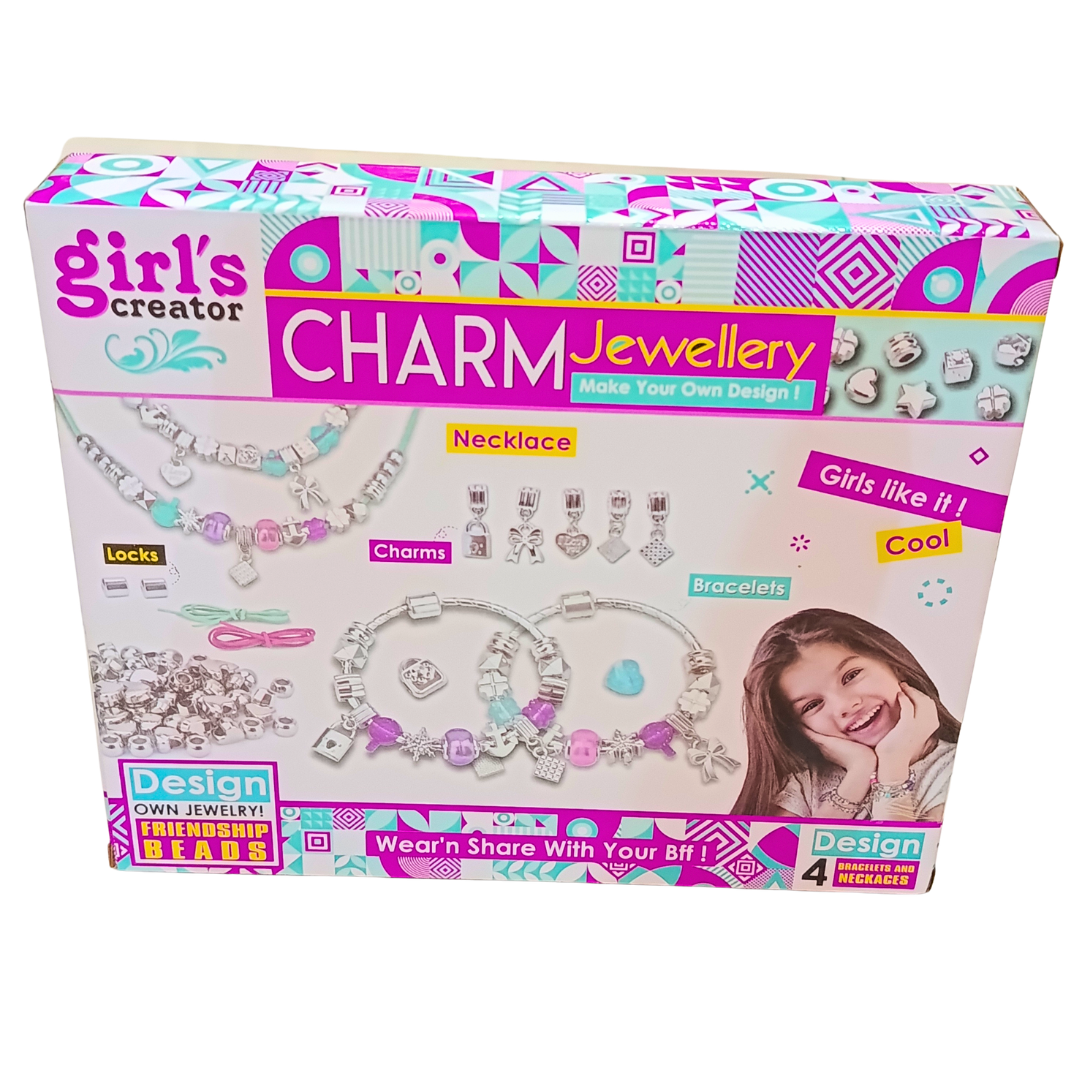 Girl's Creator Charm Jewellery original back packaging showing necklace, charm and bracelet design components